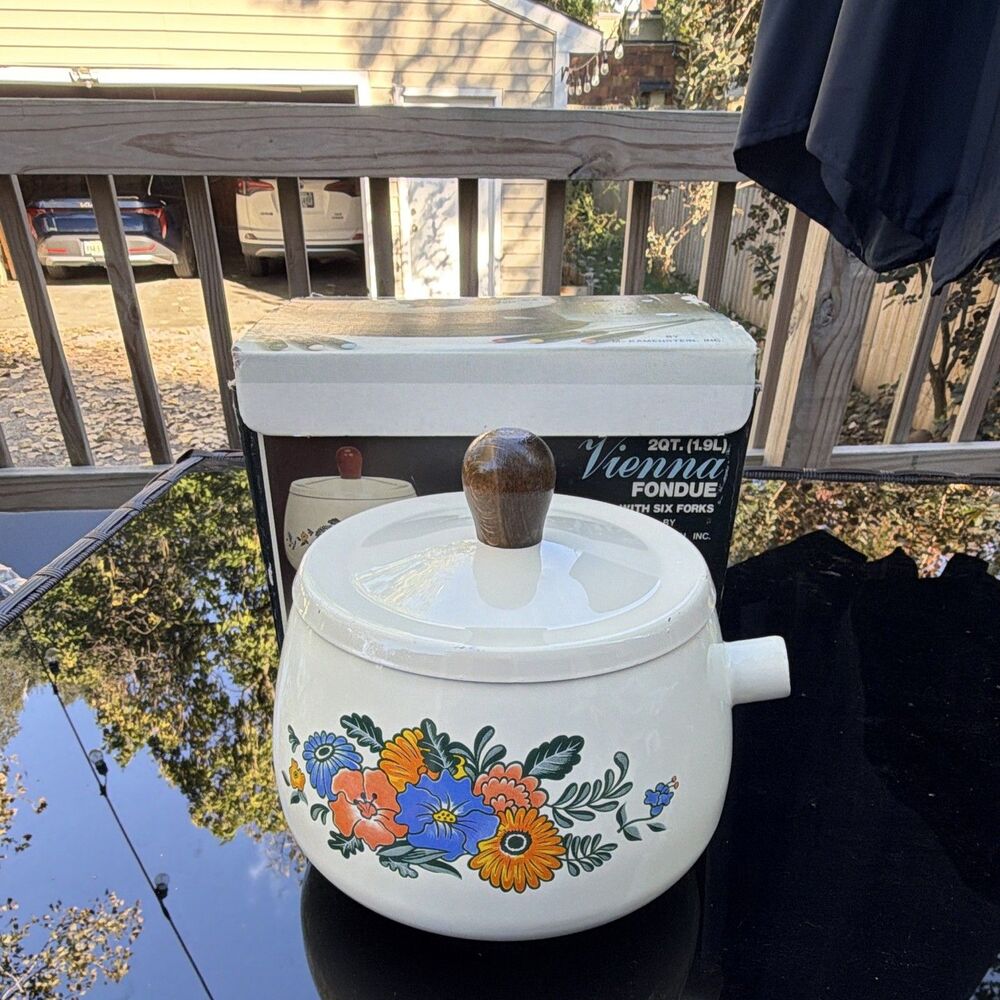 Vintage Fondue pot Enamel Complete Set With Opened Box
